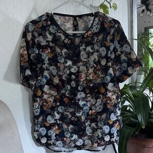 Zara Black Floral Short-Sleeve Top with Multi-Colored Blooms